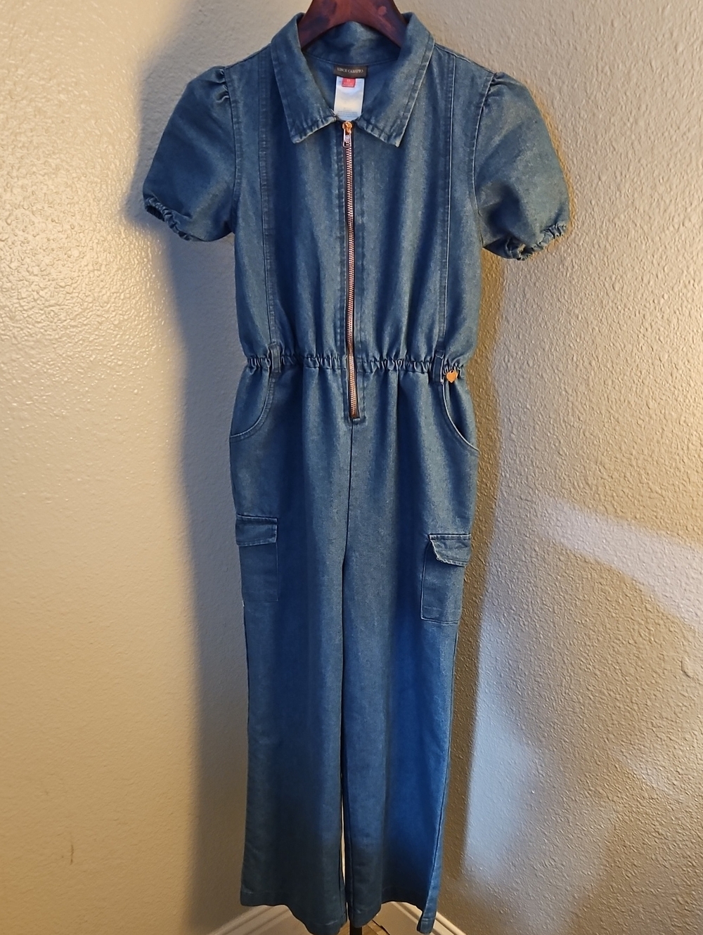 Vince Camuto Denim Utility Jumpsuit Wide Leg Cargo Puff Sleeve, Fits Like 2/4